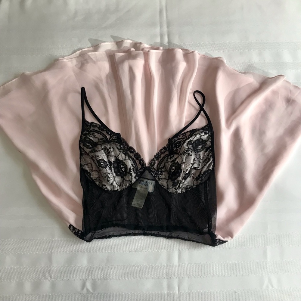 90"s Vintage Victoria’s Secret Collection Pink/Black Lace Mesh Babydoll Chemise - Picture 3 of 16
